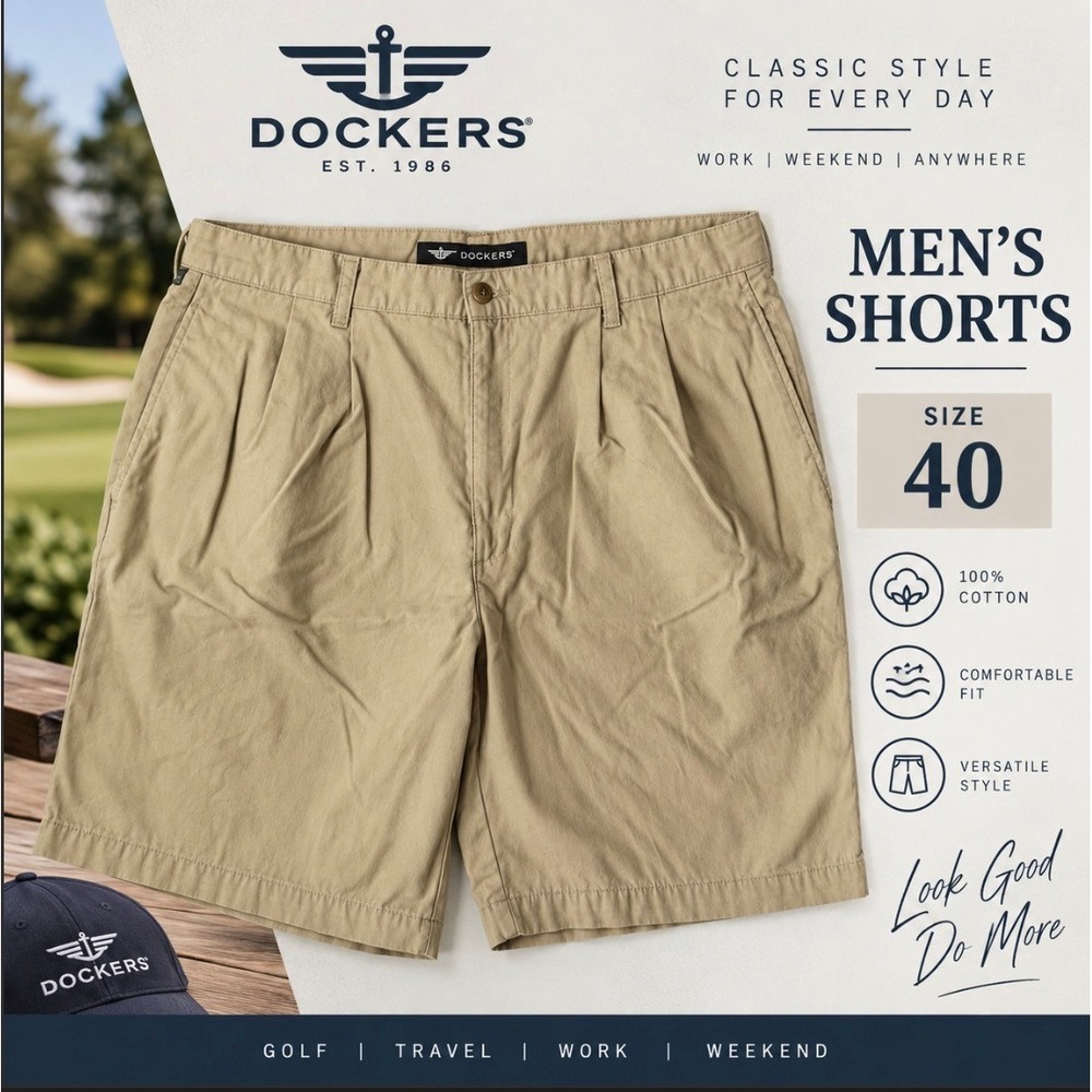 Dockers Men's Pleated Khaki Shorts Size 40 Tan Retro Chino Casual Golf Work